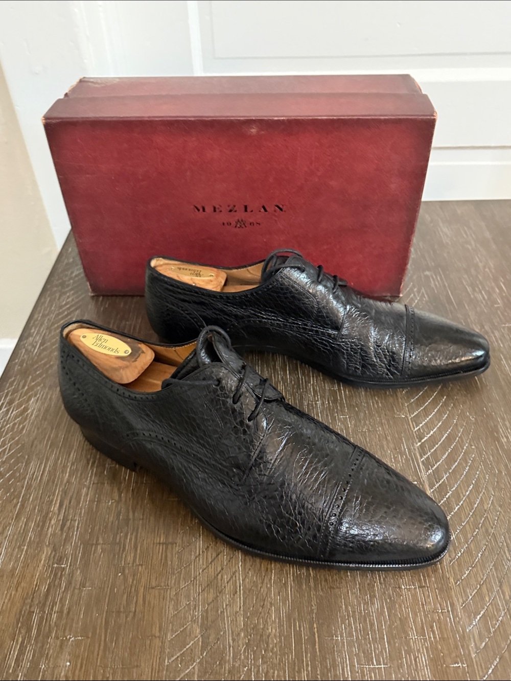 Mezlan Black Capri Leather Cap-Toe Oxford Wild Boarskin Sz 11.5